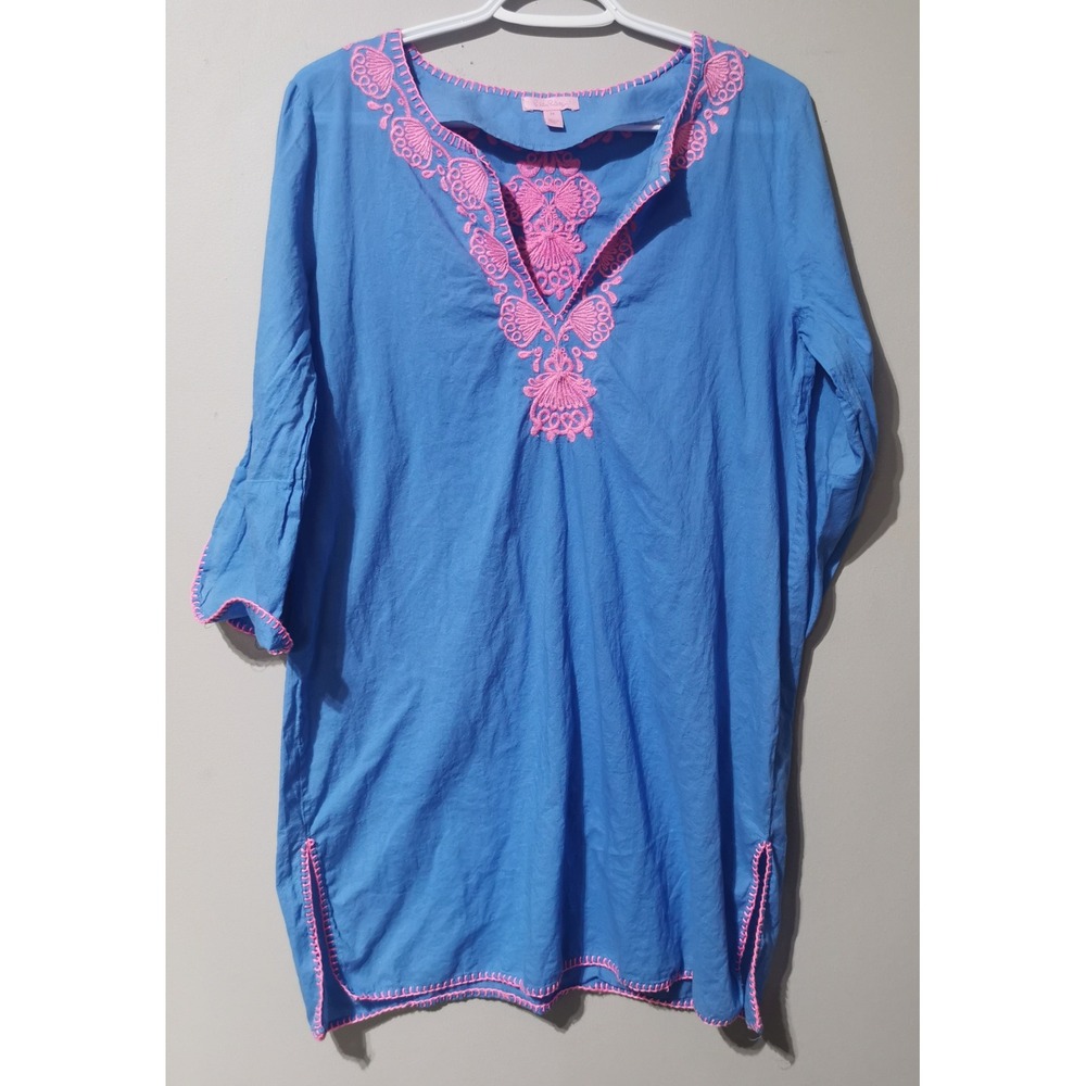 Lilly Pulitzer Womens Blue Pink Embroidered Cotton Tunic Top Beach Coverup Med